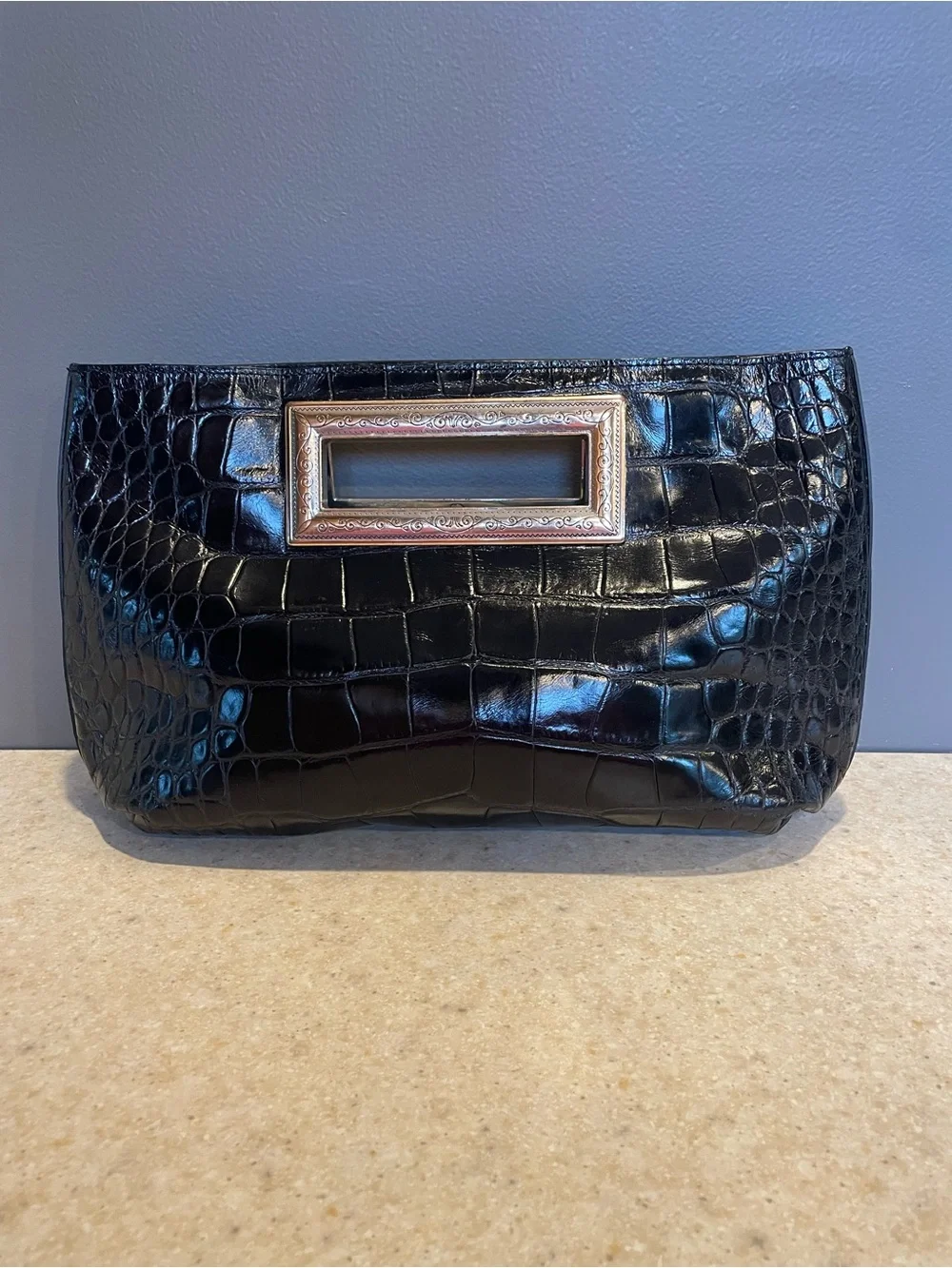 BRIGHTON Vintage Large Leather Clutch Purse Croc Embossed Metal Frame Handle